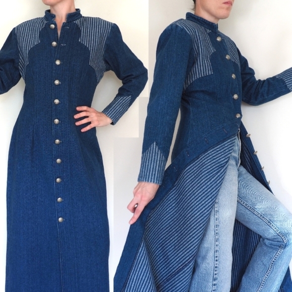 Vintage Dresses & Skirts - Roughrider Vintage Western Rodeo Long Dress Herringbone Denim Maxi Duster Trench